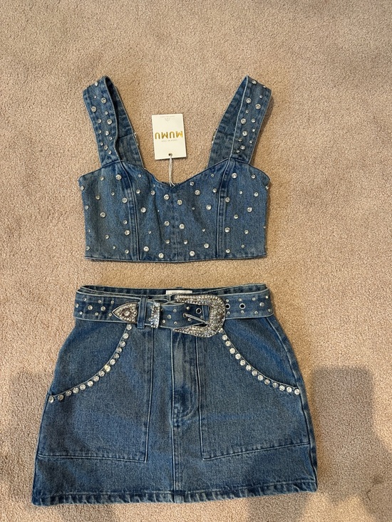 Show Me Your MuMu Dresses & Skirts - Show Me Your Mumu Studded Denim Bustier & Skirt Set - Blue